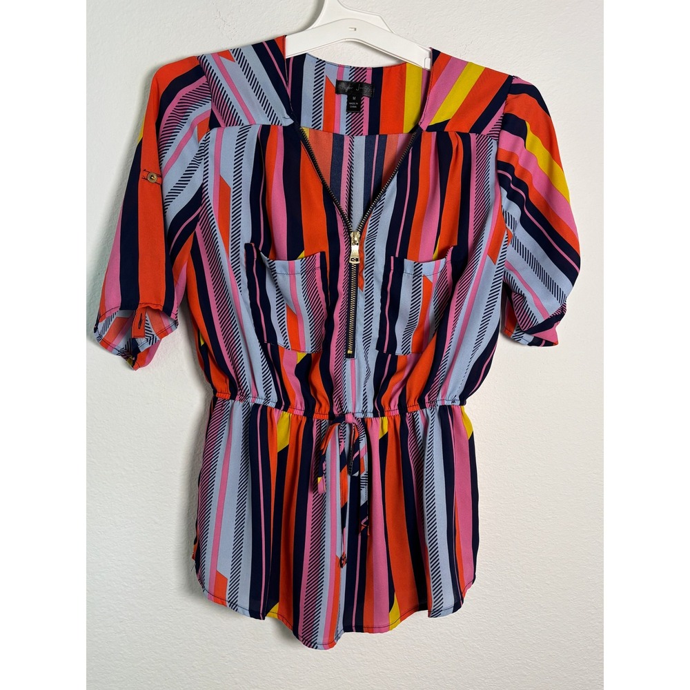Multi Color Striped Peplum Blouse Short Sleeve Elastic Waist Top Orange Pink M